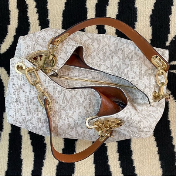MICHAEL KORS Cream Logo Slouchy Shoulder Tote Bag Brown Leather & Gold Chains - Picture 8 of 12